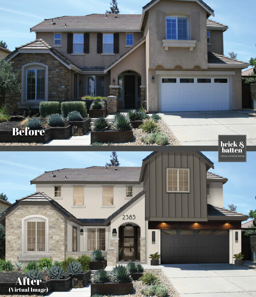 before and after of a white painted stucco spanish-style house with dark green accented second story above the garage