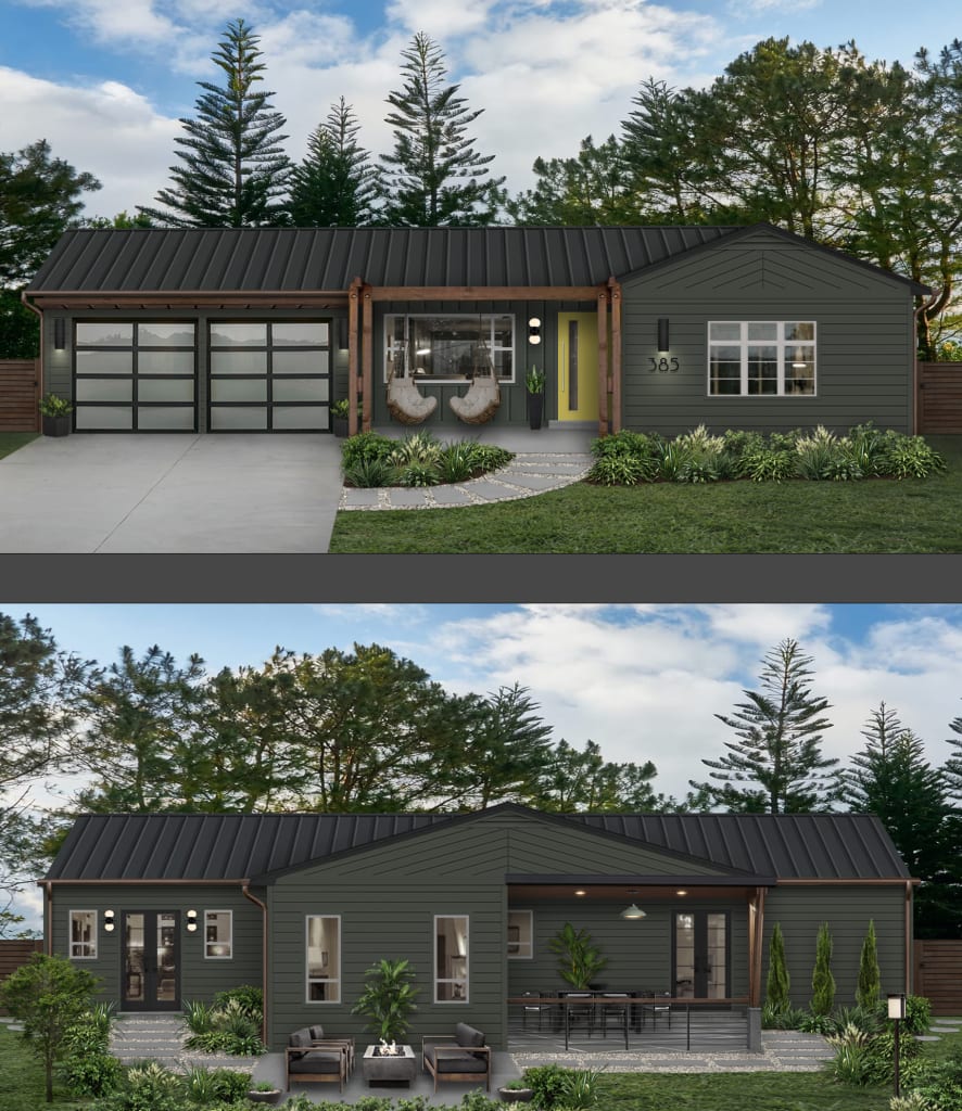 front and back virtual design of a ranch home painted in deep river dark gray