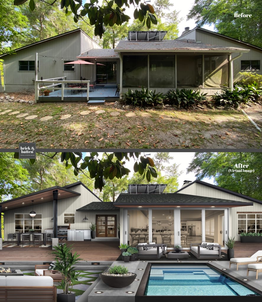 before and after of a pool bordered in thick black trim