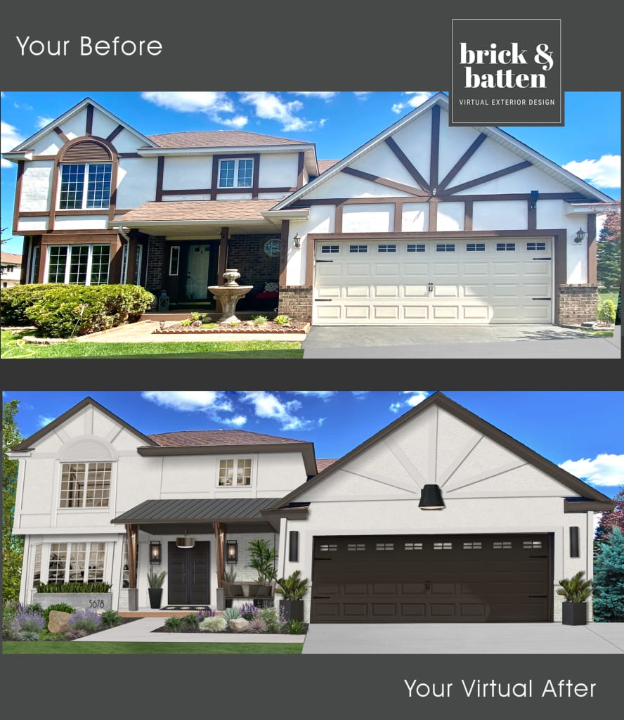 before and after tudor two story home painted in eider white with brown accents
