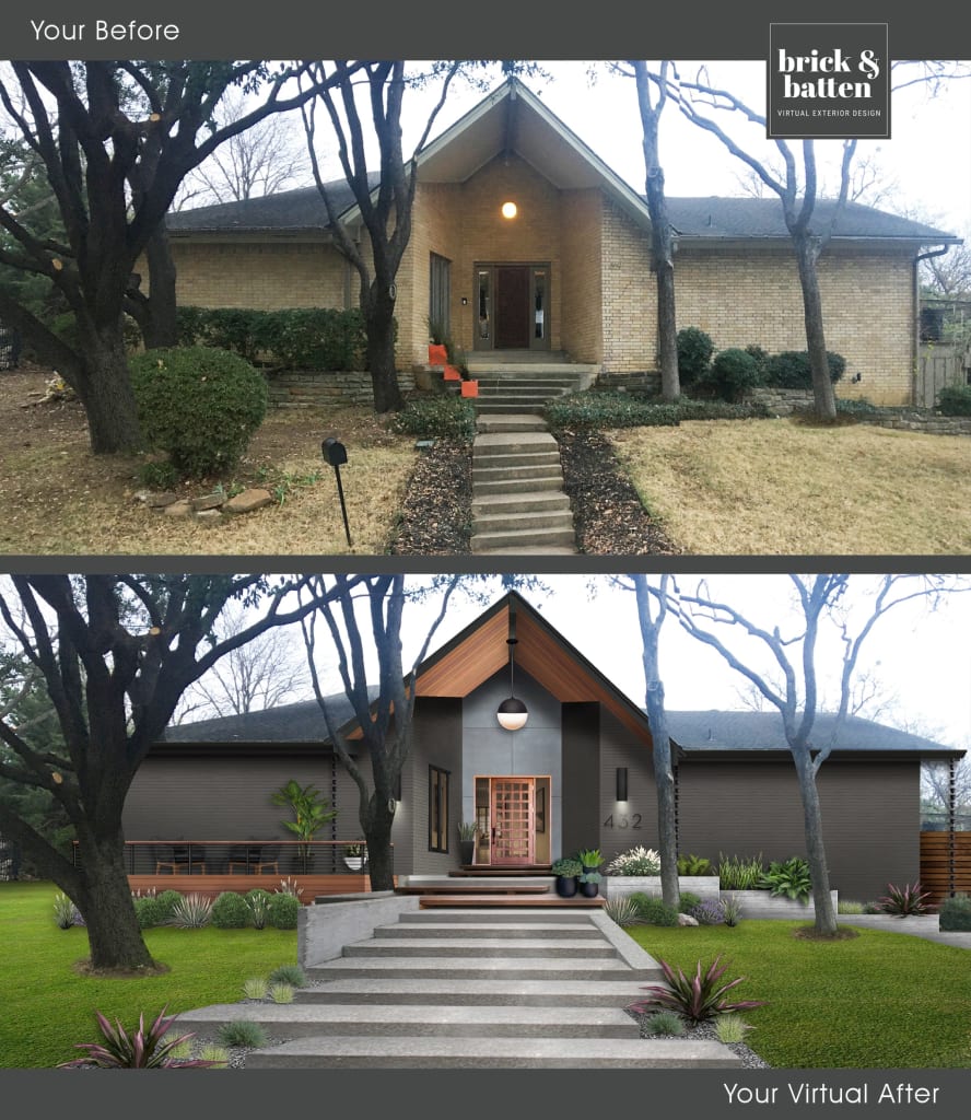 before and after of a contemporary home with concrete hung panels and wood accents