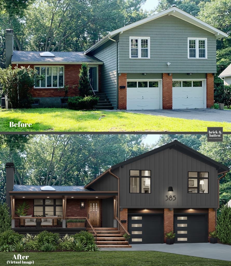Before and after of split level home with red brick accents given modern makeover and dark color palette
