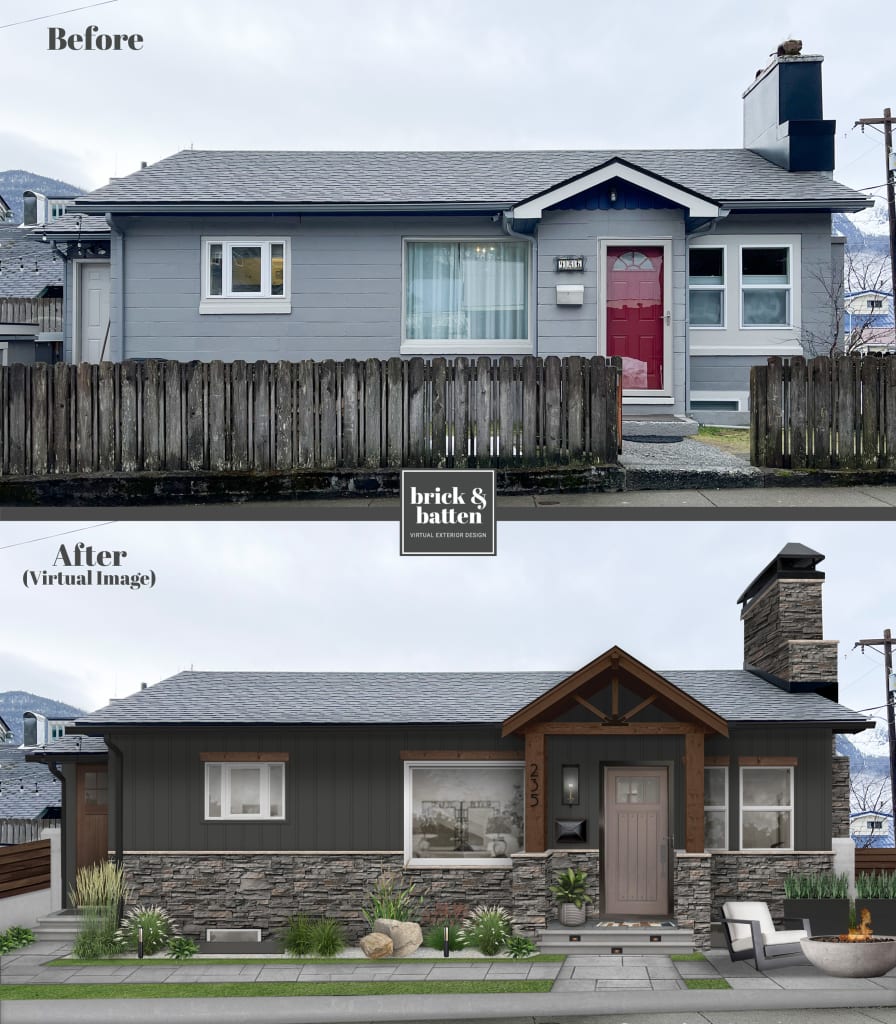 before-and-after rendering of a small traditional house with charcoal siding and cultured stone