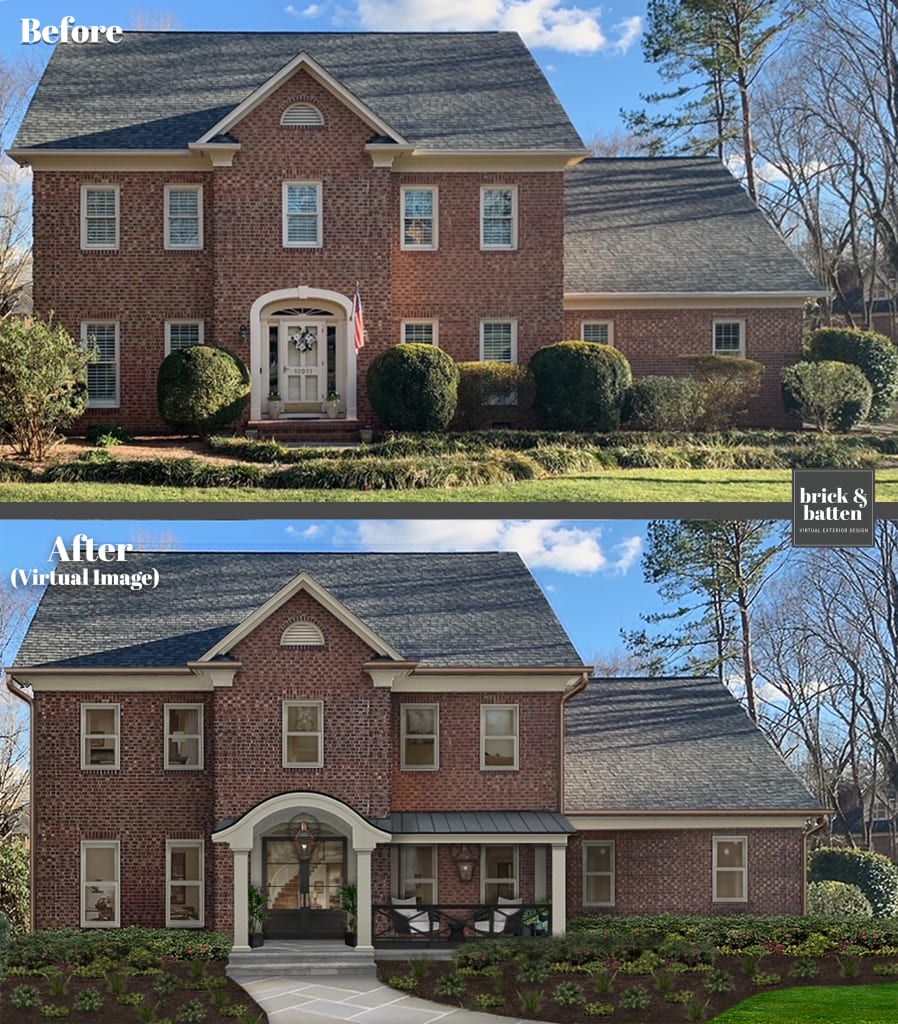 Before and after of a traditional brick two-story home with the brick kept natural, updated trim, a new entryway and front porch, and copper gutters