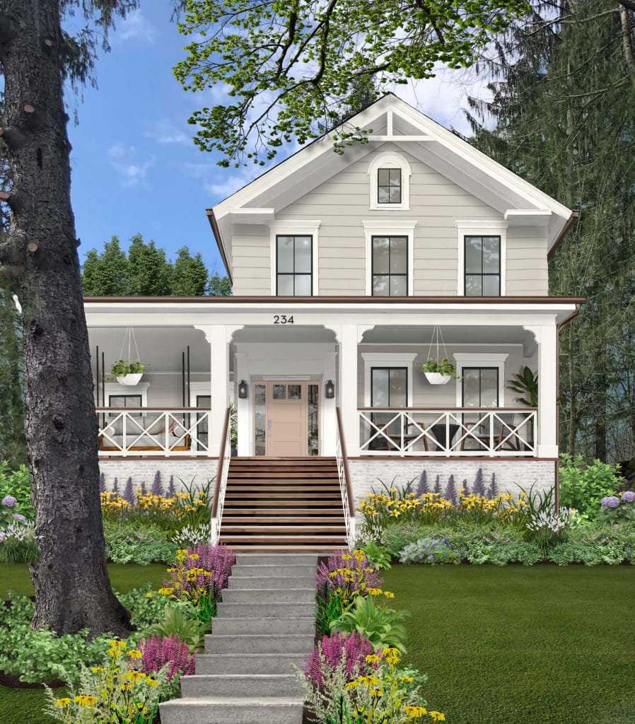 gray home with white trim and a peach-colored front door