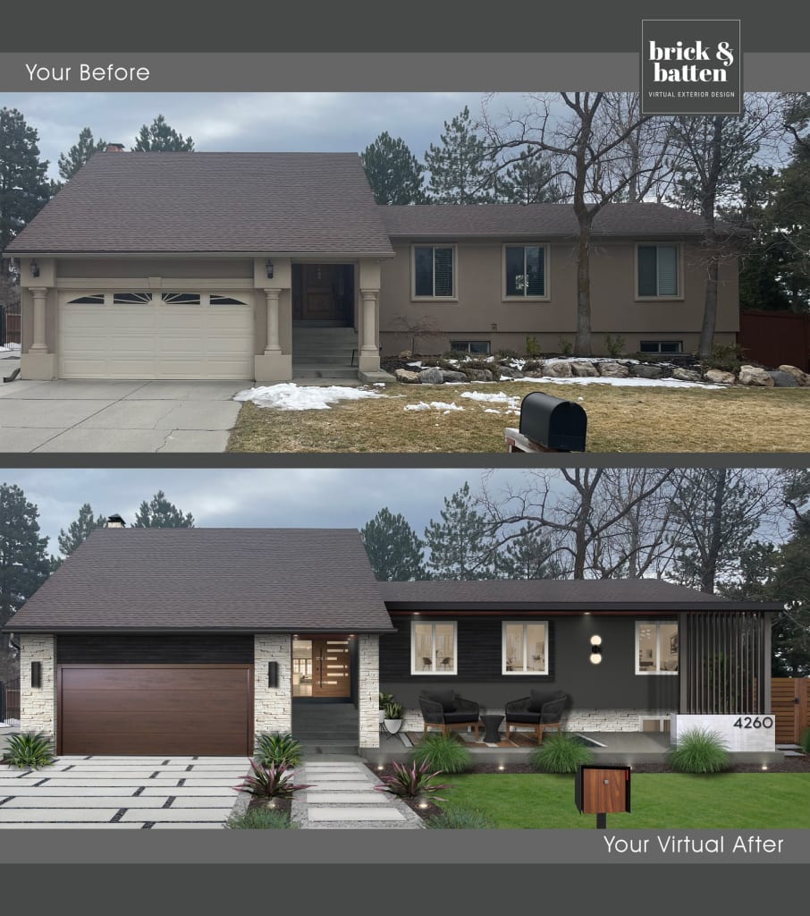 A before and after photo of a home's exterior design