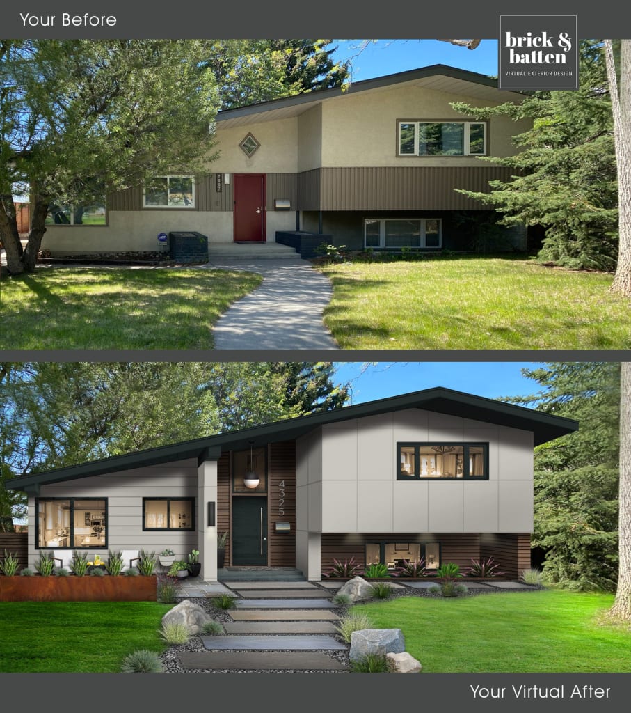 midcentury modern house design before and after digital rendering in james hardie panel and woodtone panels