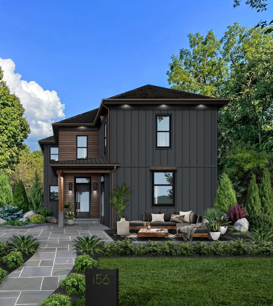 Charcoal gray home with black and wood accents