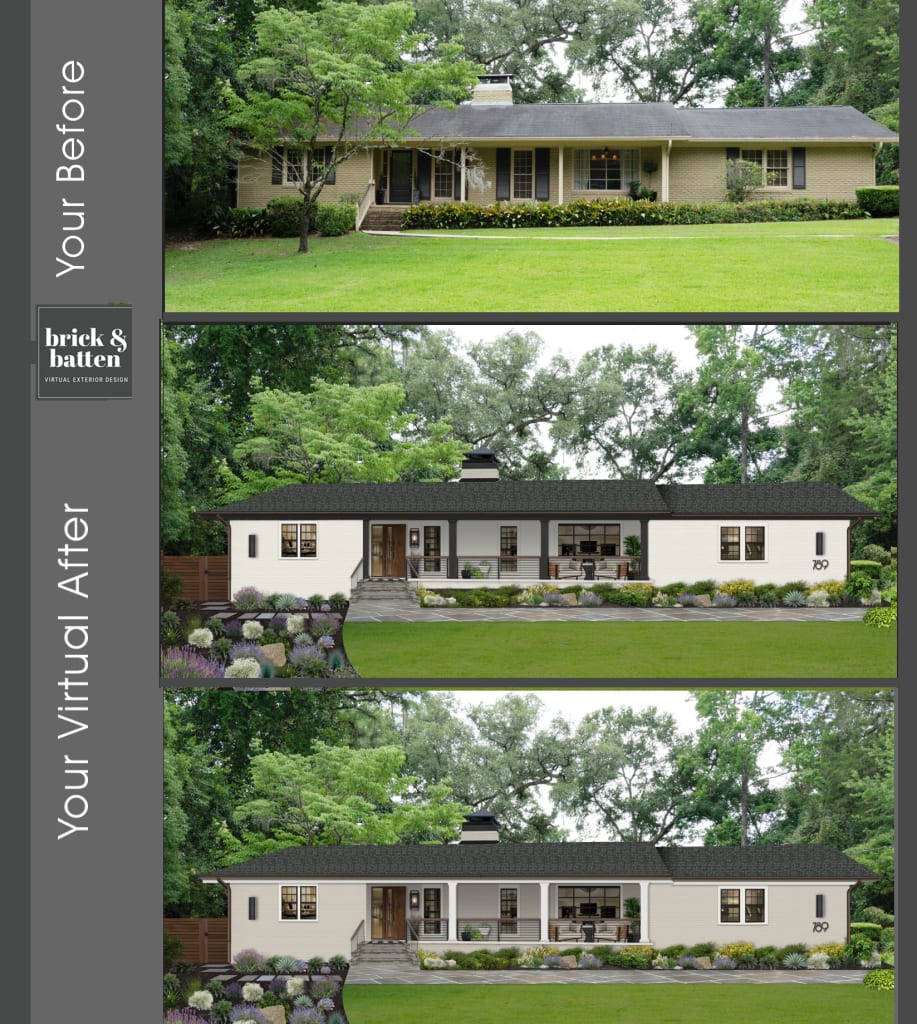 A Before and After of a modern ranch-style home with a large grassy front yard. With two after options, the exterior virtual renovation has two after options: One features Sherwin Williams Alabaster on the exterior and Benjamin Moore Black Beauty on the trim. In the second example, Benjamin Moore Revere Pewter is the exterior color with Benjamin Moore Black Beauty as the trim color.