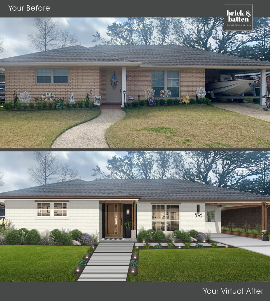 Before and after of a brick ranch home with an updated carport design idea