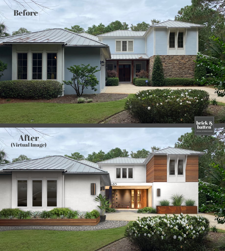 Before and after of a contemporary home with wood accents
