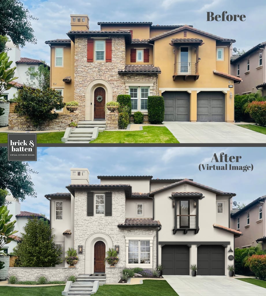 before and after of mediterranean house with neutral palette