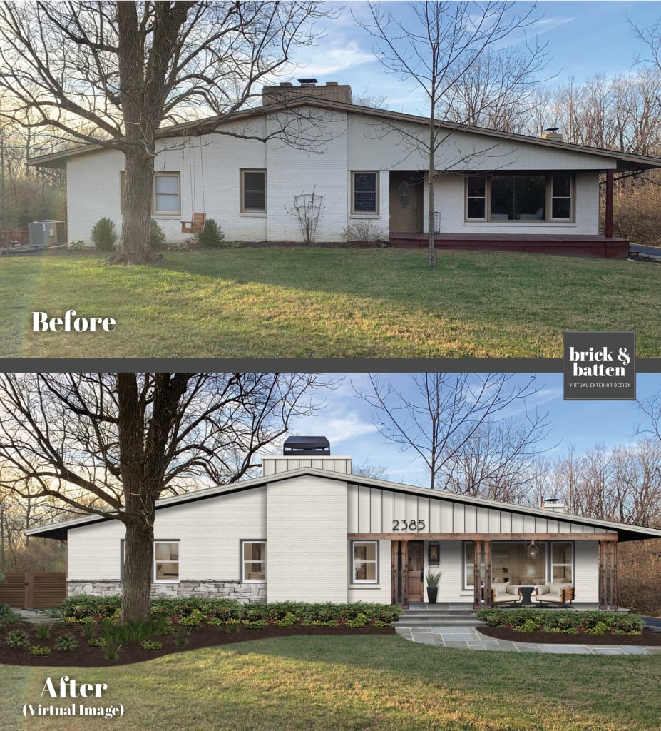Before and after of a contemporary home with an updated porch, stone facade, and a new walkway