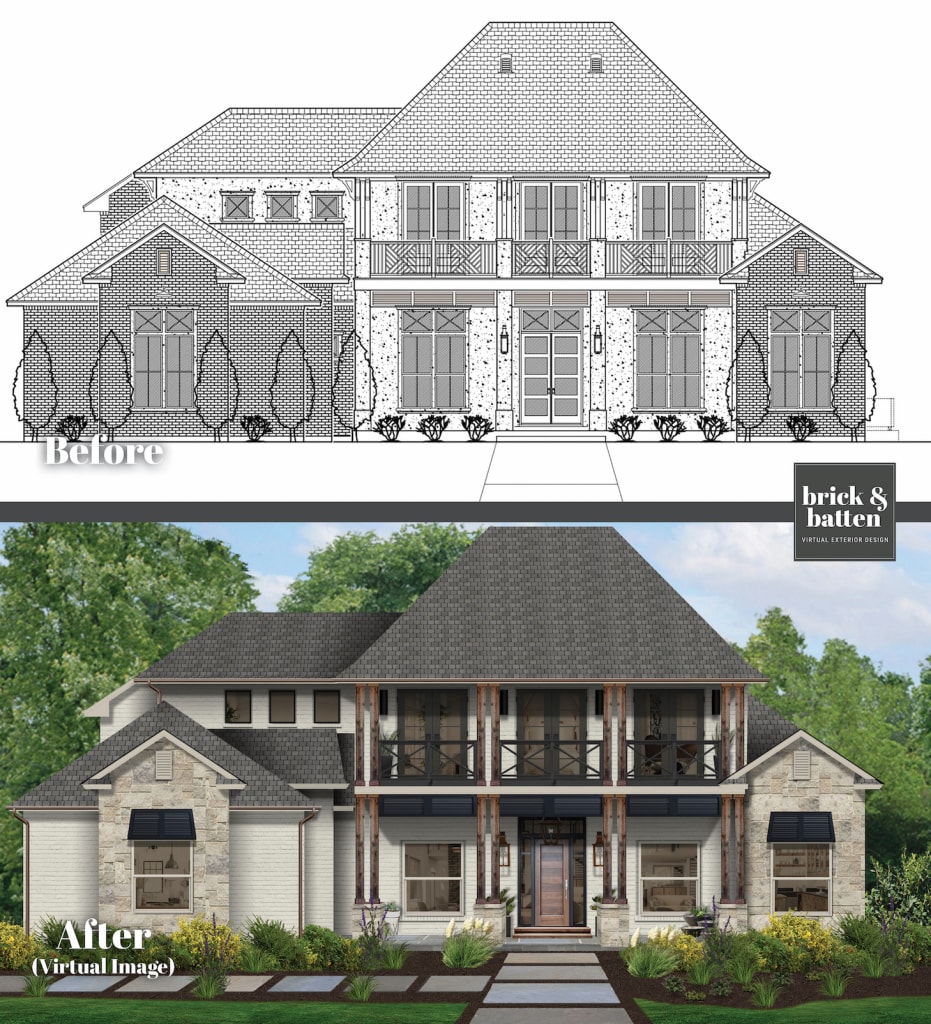 large two story modern home with exposed posts and stone accents