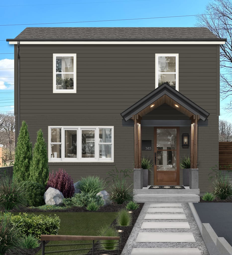 Digital home exterior rendering with dark greige siding and white accents.