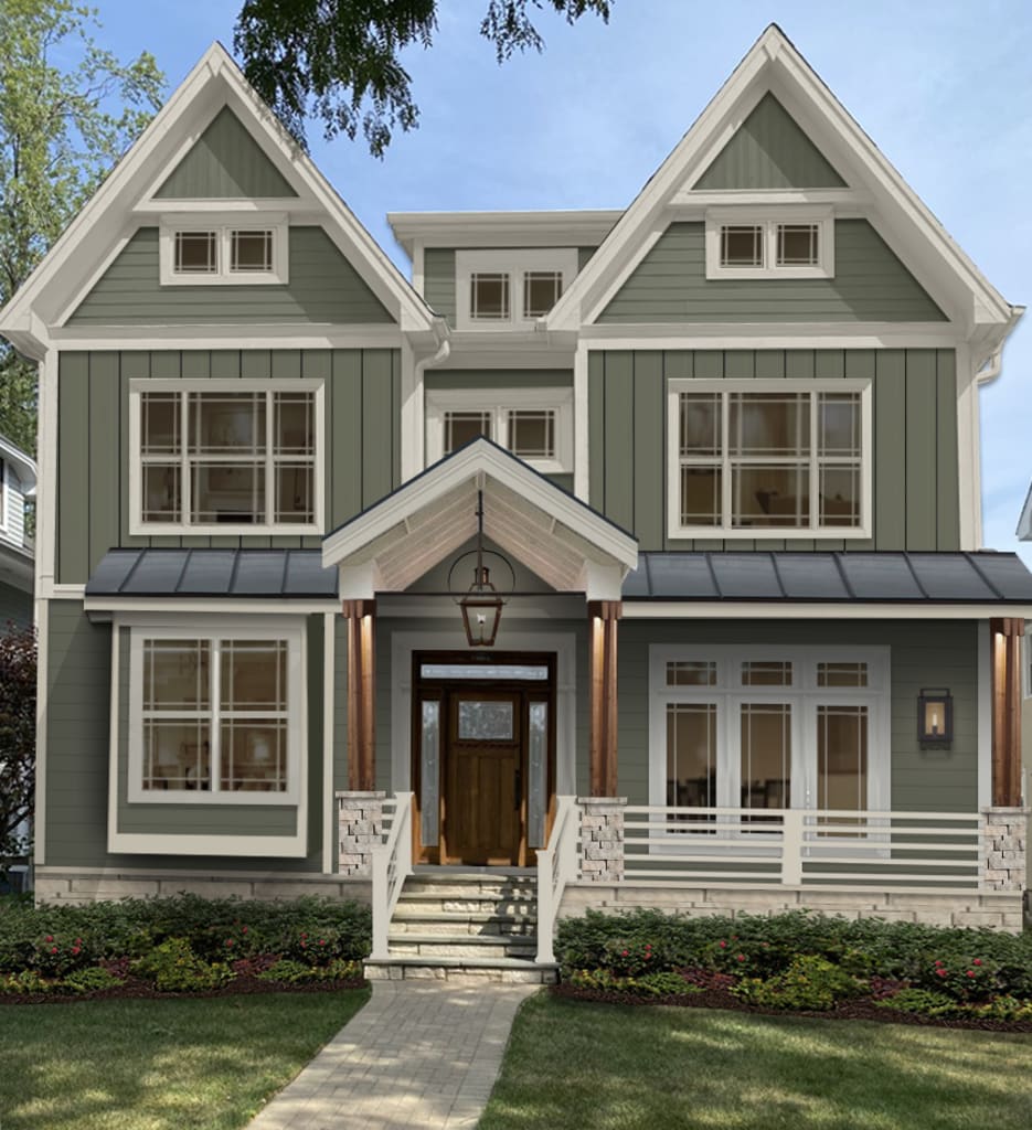 large victorian virtual rendering with sage green paint, large porch and craftsman style windows