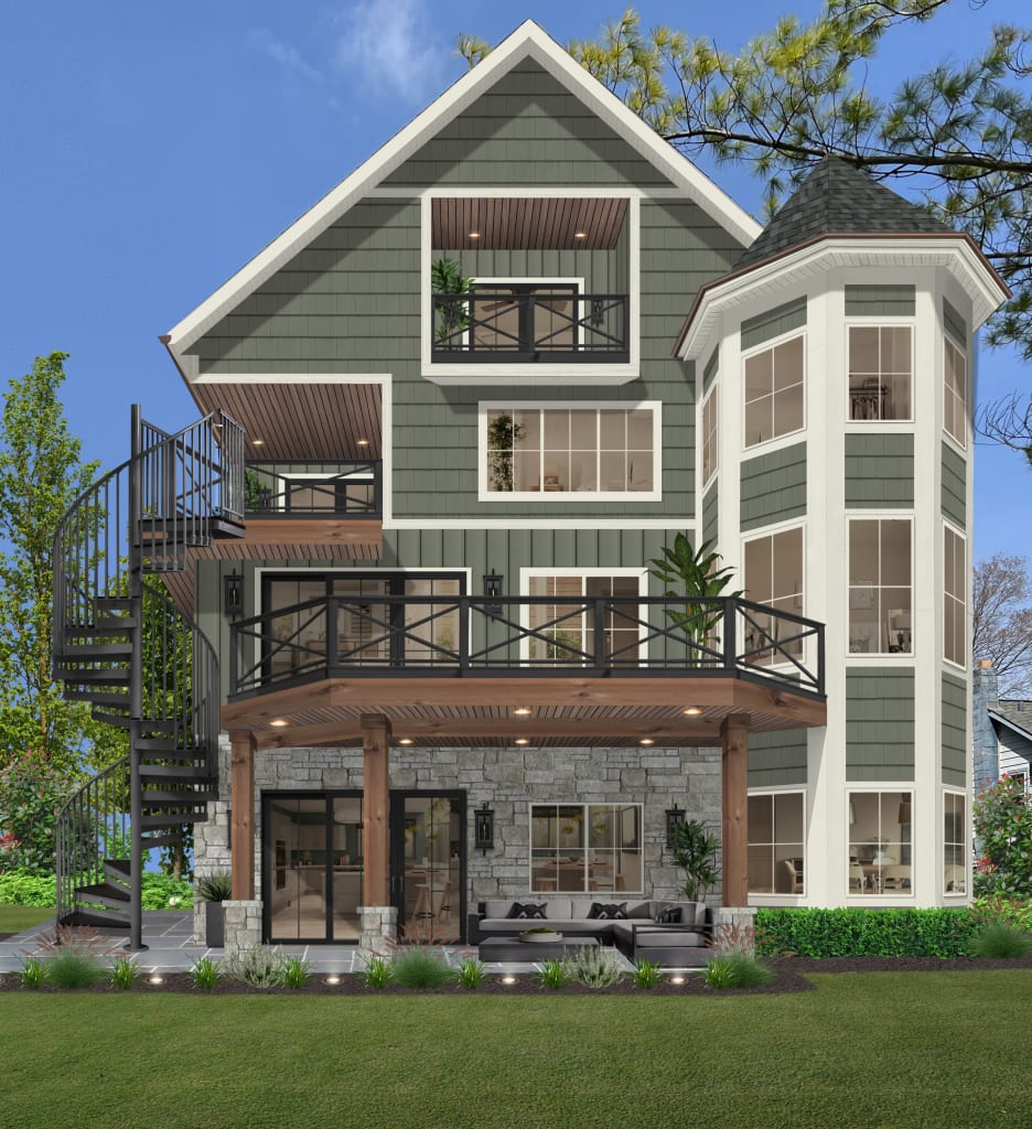 exterior of a multi-story home with a black spiral staircase, a patio, multiple balconies, and a turret.