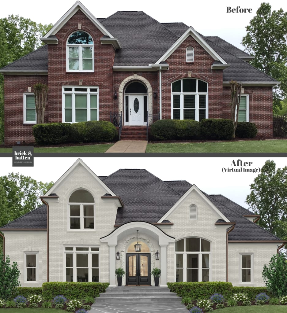 Before and after of a home with painted brick