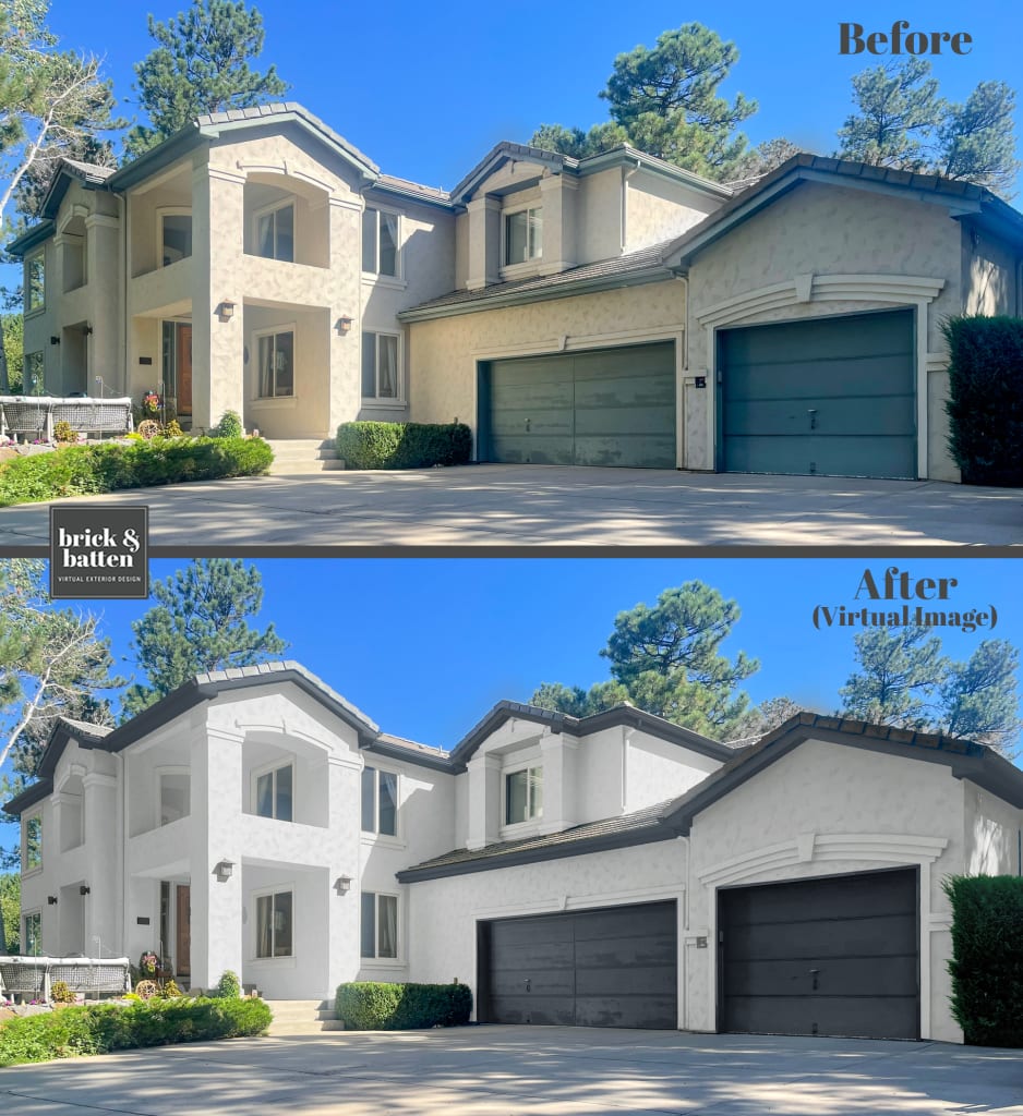 Before and after of a home with textured stucco painted in an off-white and garage doors and trim in a charcoal gray- demonstrating how much to paint the outside of house