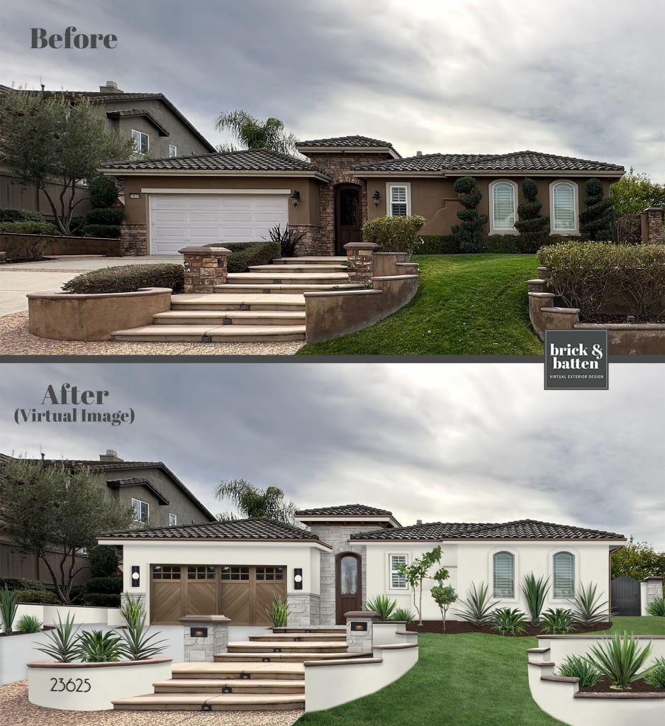 before and after of a mediterranean exterior with steps to the entrance
