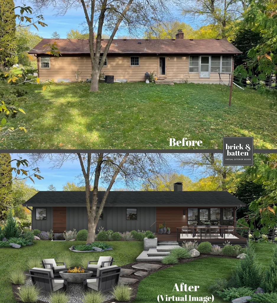 before and after of a ranch home with siding