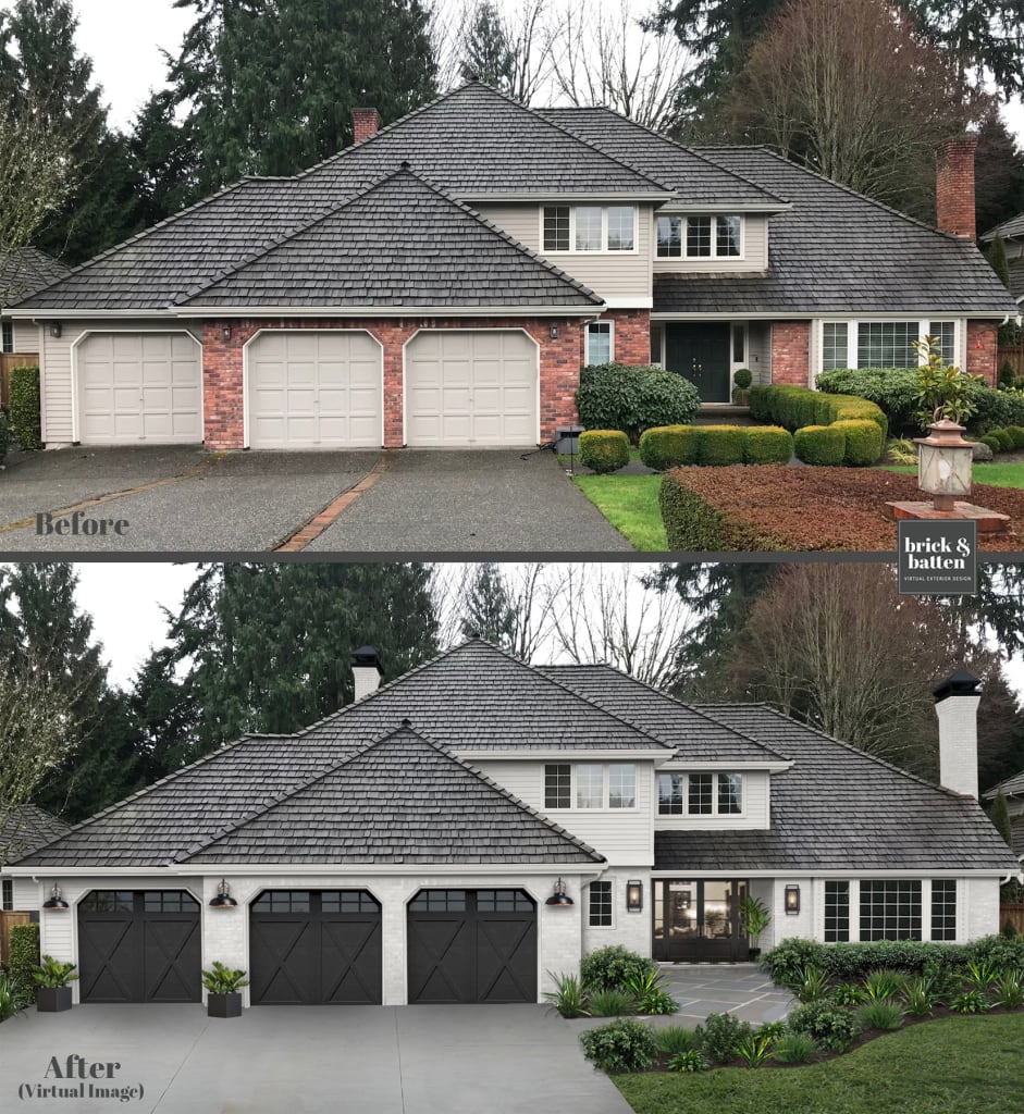 Before and after of a transitional home with the brick painted Alabaster