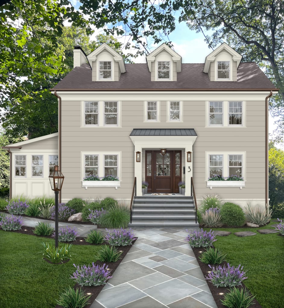 Mid-century home with white brick and small shed roof accents