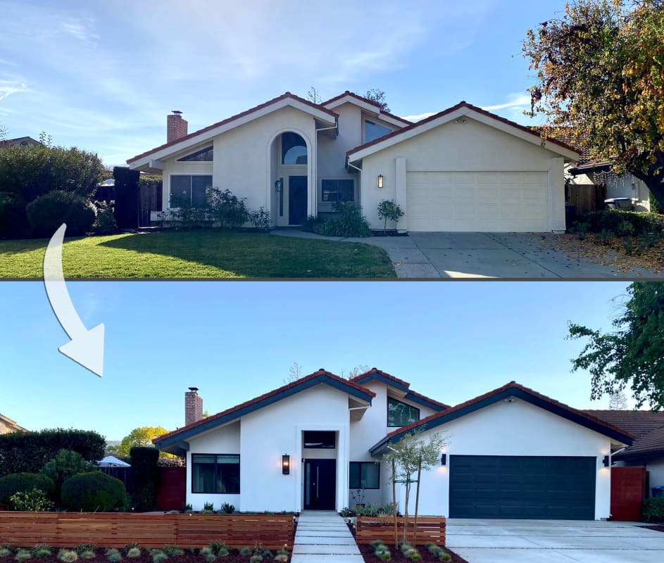 before and after of a white stucco house that has been updated