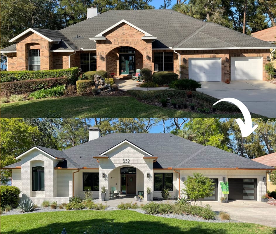 Before and after photo of a brick home with off-white paint