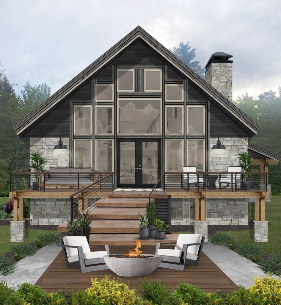 An a-frame exterior with a deck and wall of windows