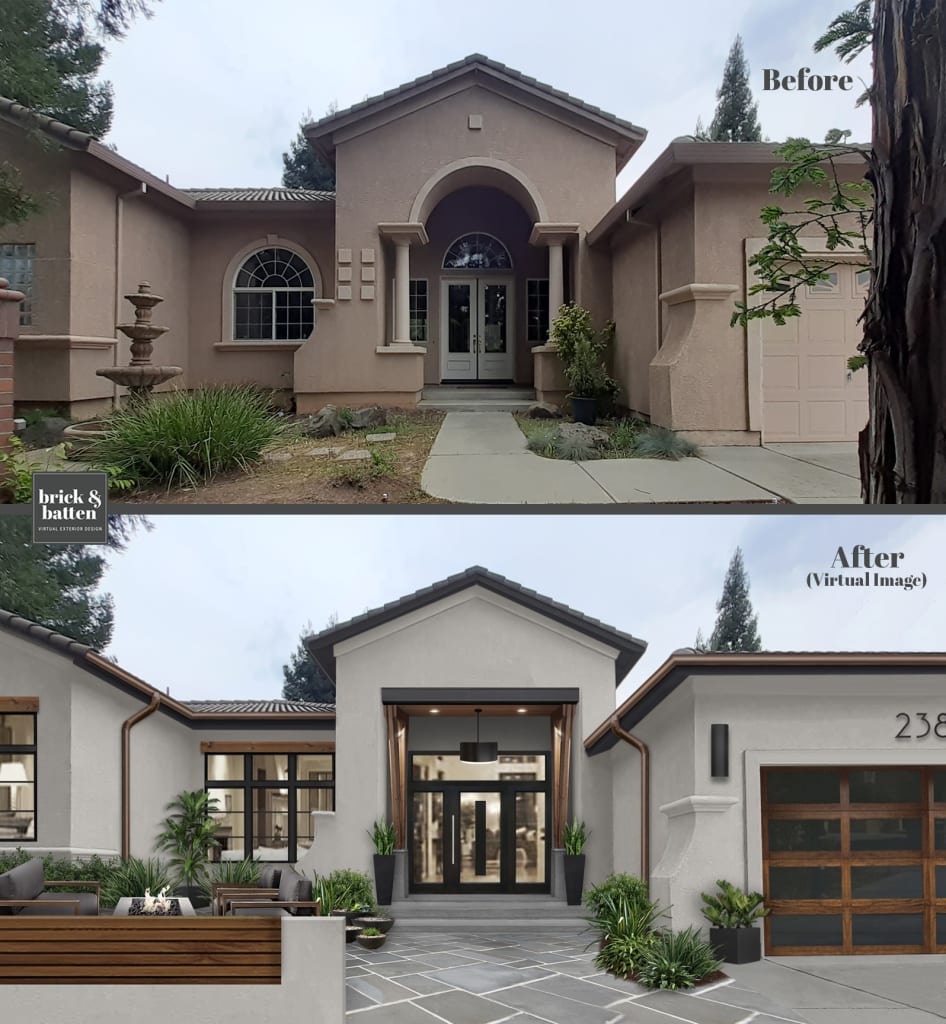 before and after of a spanish style home with tile roof, white stucco and large entryway