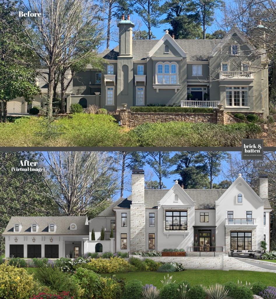 before and after digital rendering of a large home and stone chimney
