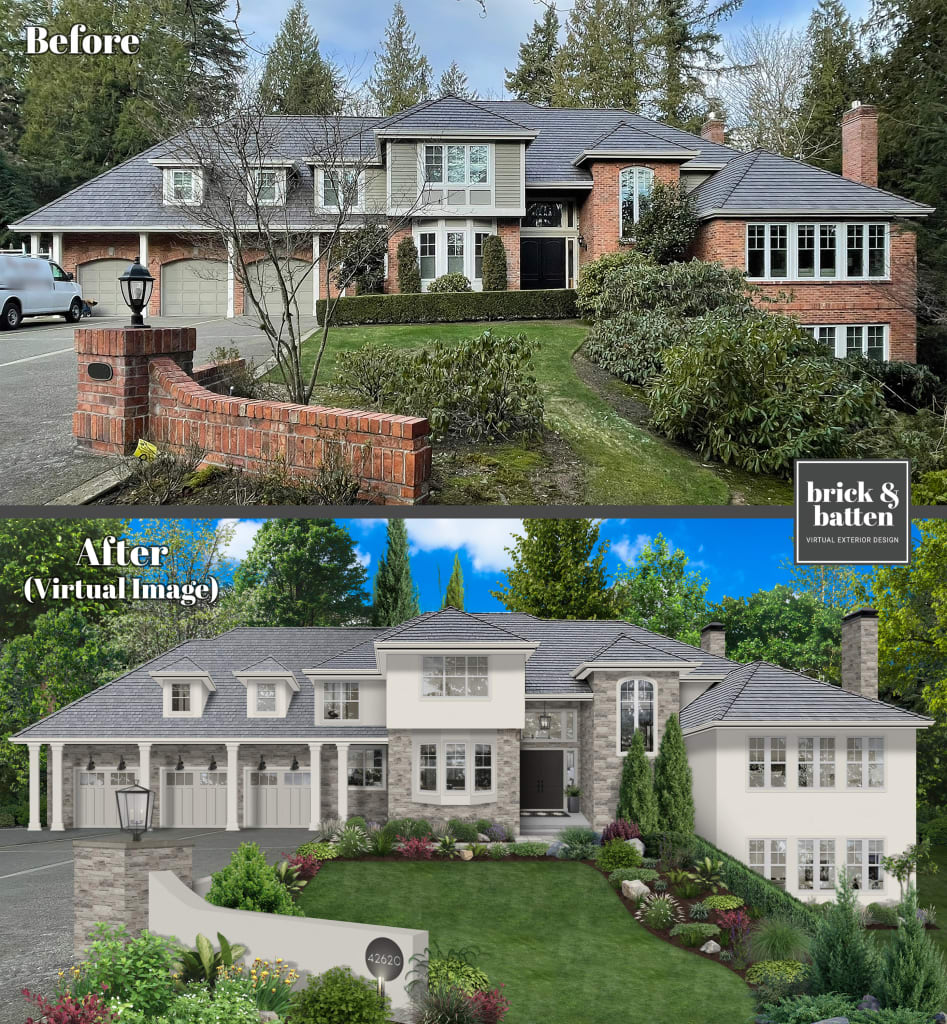A before and virtual after of a home with cleaned up landscaping for enhanced curb appeal