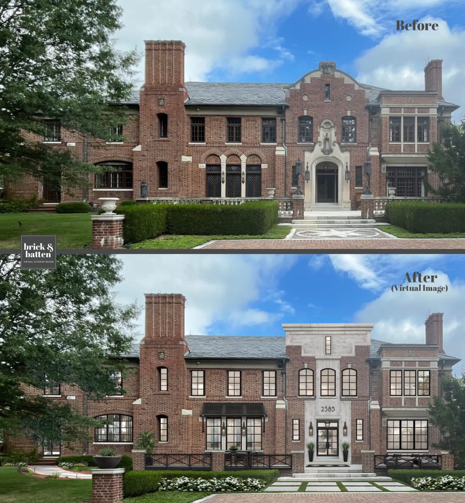 Before and after of a large traditional red brick home given modern updates