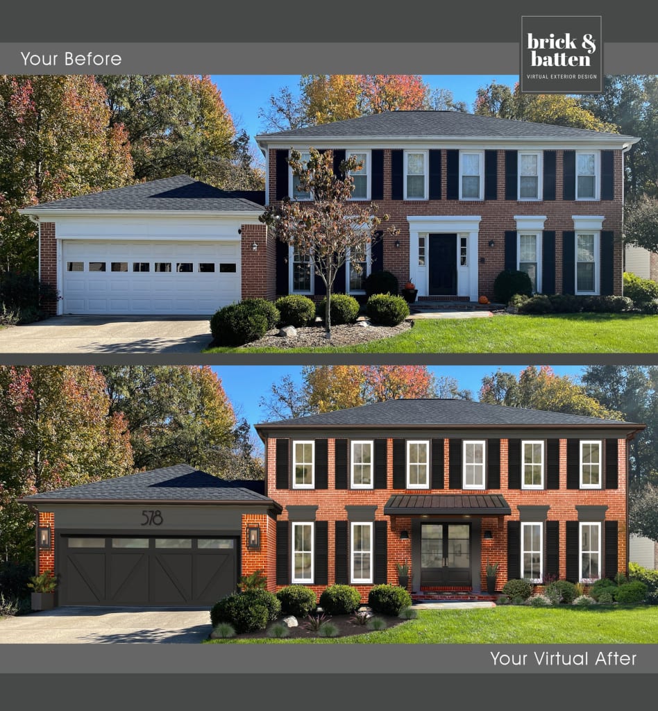 Before and after of a red brick two-story home with dark accents