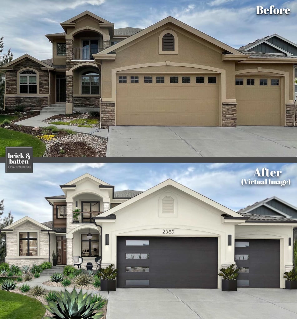 Before and after modern home with black and white updates and house number above the garage door