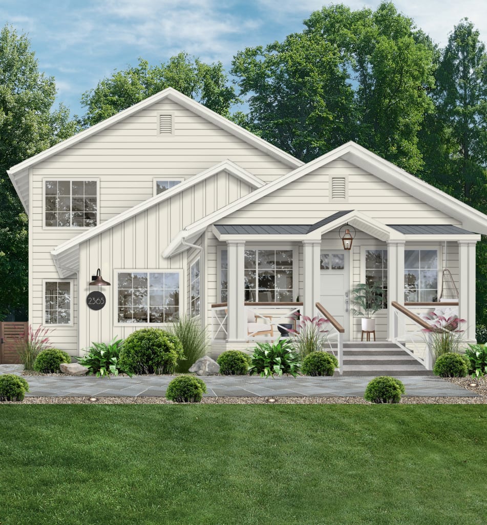 Monochromatic color palette rendered on a modern cottage with copper lighting and wood railings.