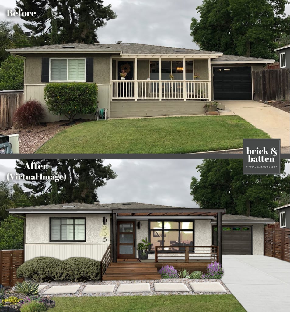 Before and after of a home rendered with Hardieplank Smooth Siding