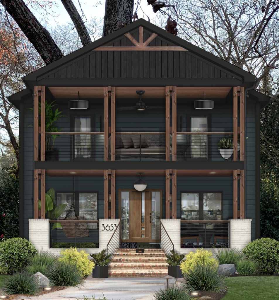 rustic home with a dark exterior and iron and wood balcony railing