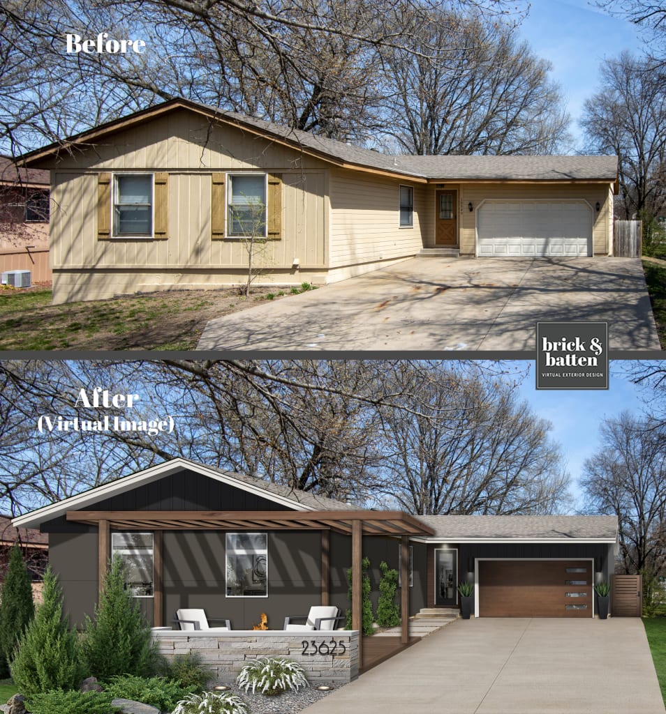 A before and virtual after photo of a home with a front yard seating area