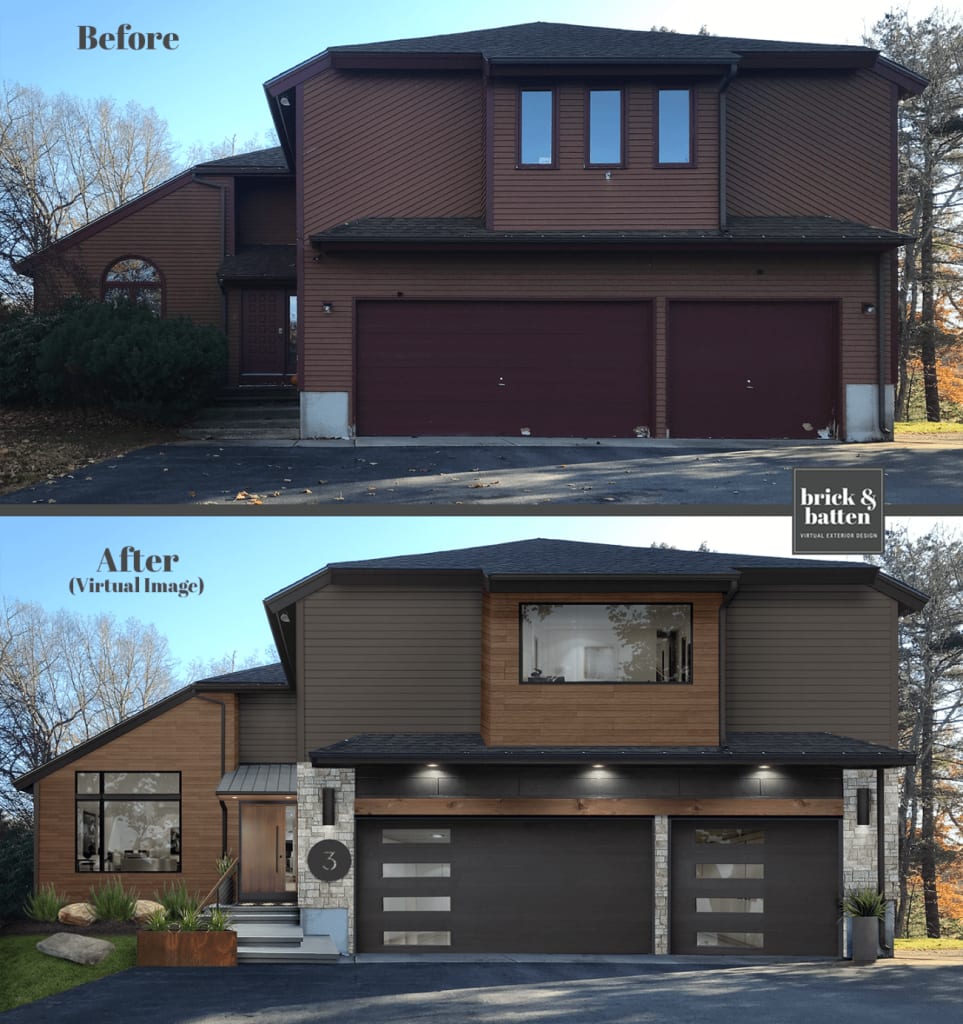 A before and after of a home with siding designed to prevent woodpecker damage