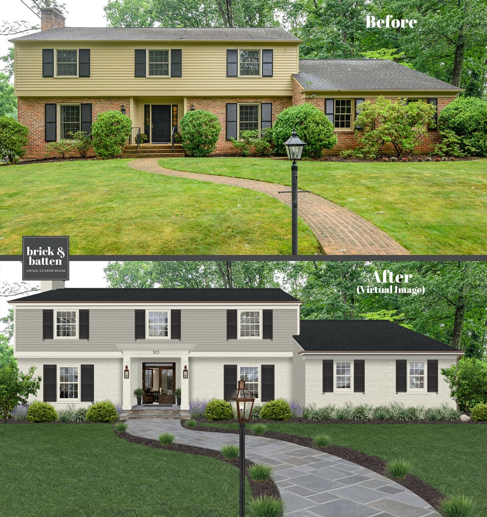 before and after rendering of a house with a black, gray, and white palette and a front door with a transom window above it