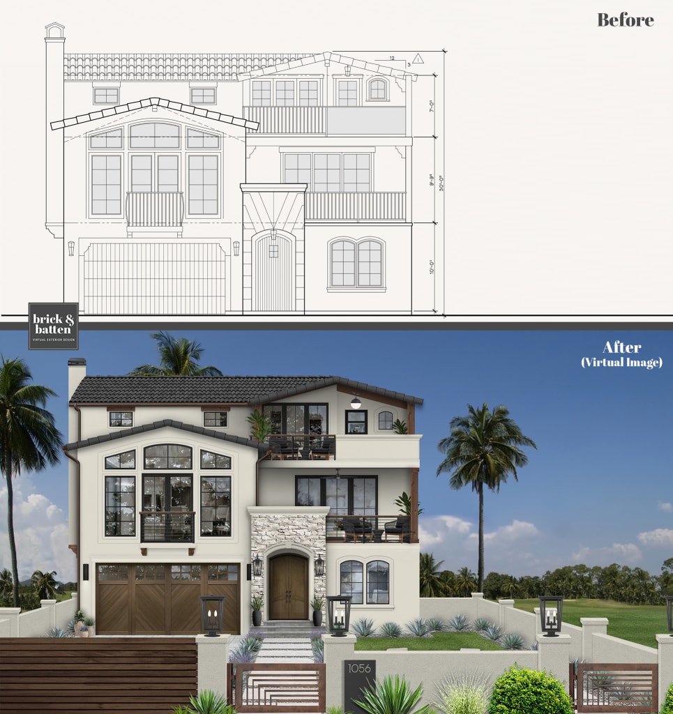 before and after rendering of a tropical home