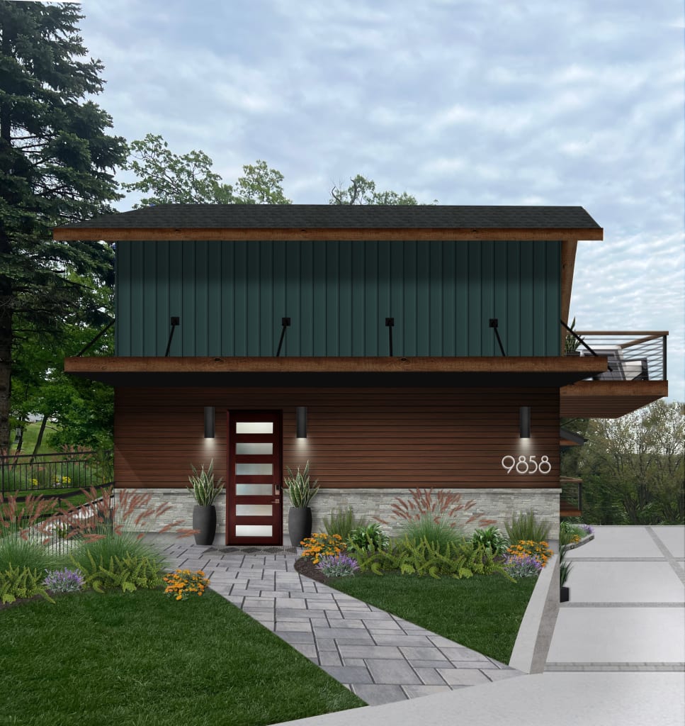 Virtual rendering of an apartment with wood cladding on the bottom, and vertical siding on top painted in Sherwin Williams' Cascades.