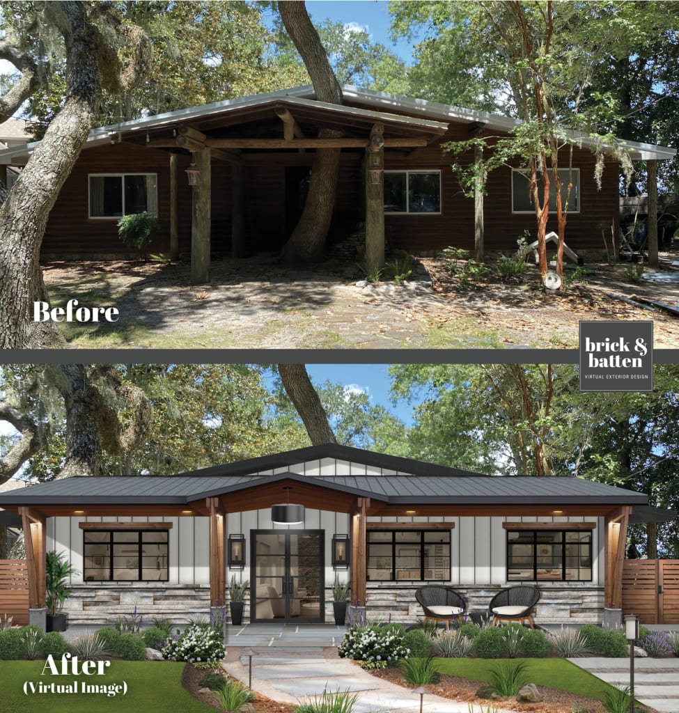 Before and after of a white bungalow home