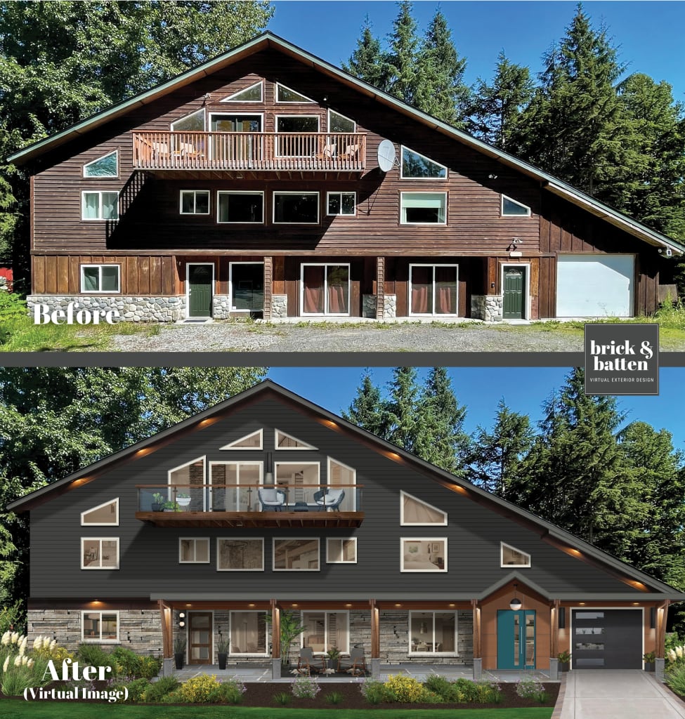 modern a frame home painted in iron ore with lots of windows and a teal blue door