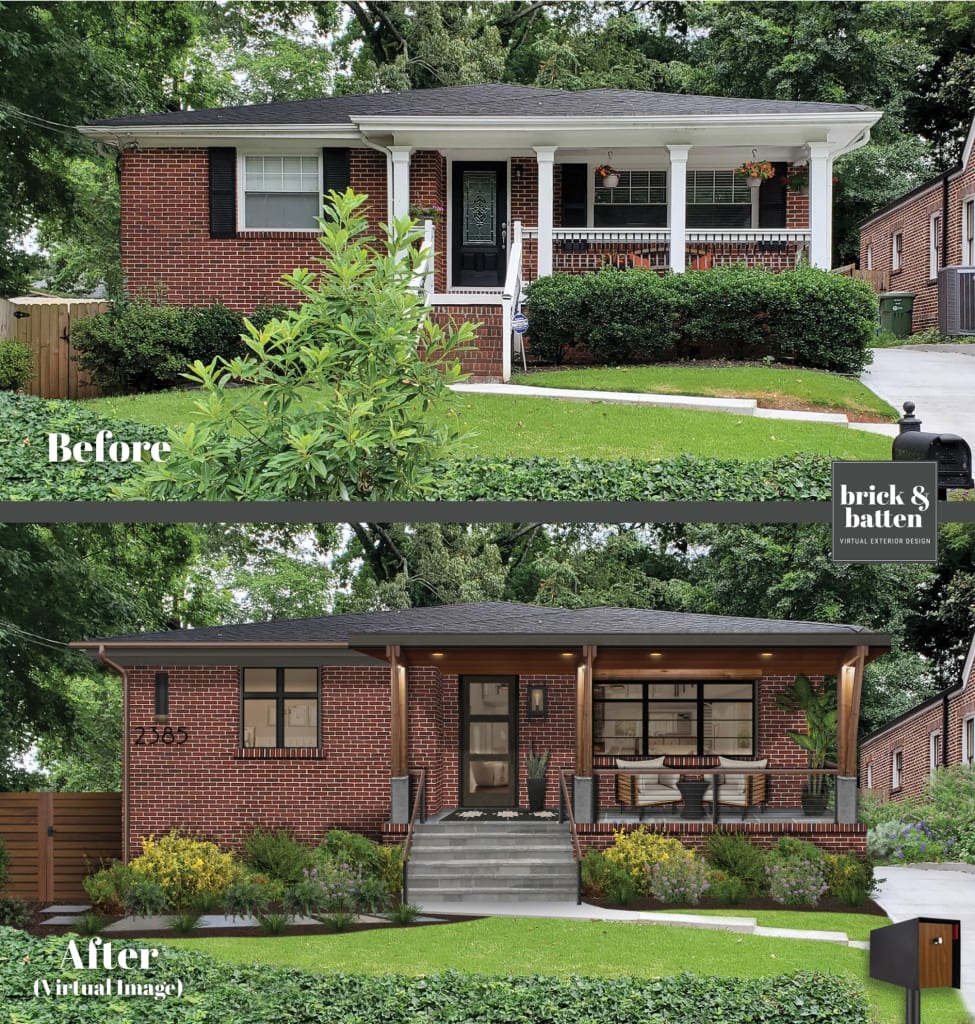 Before and after of a red brick ranch given a modern update