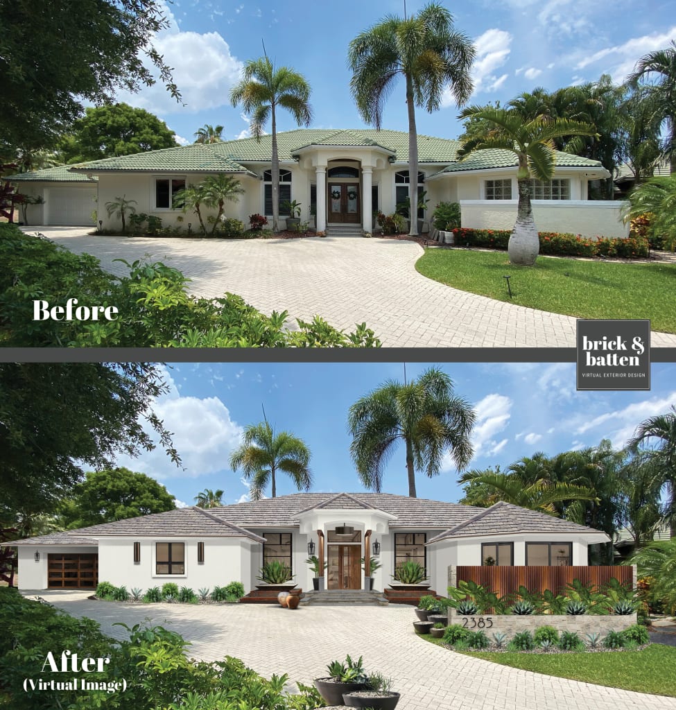 Virtual exterior renovation of a stucco home surrounded by palm trees and blue skies, with a large stone driveway that leads up to the house. The home 's exterior is repainted using Benjamin Moore's Simply White, along with lush greenery and wooden accents.