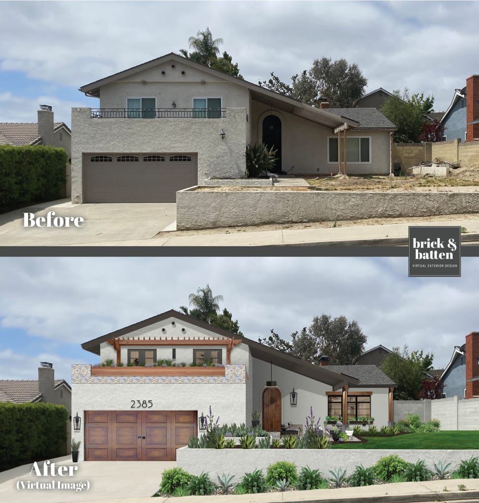 before and after of a spanish style home painted white with second story balcony and sloped roof