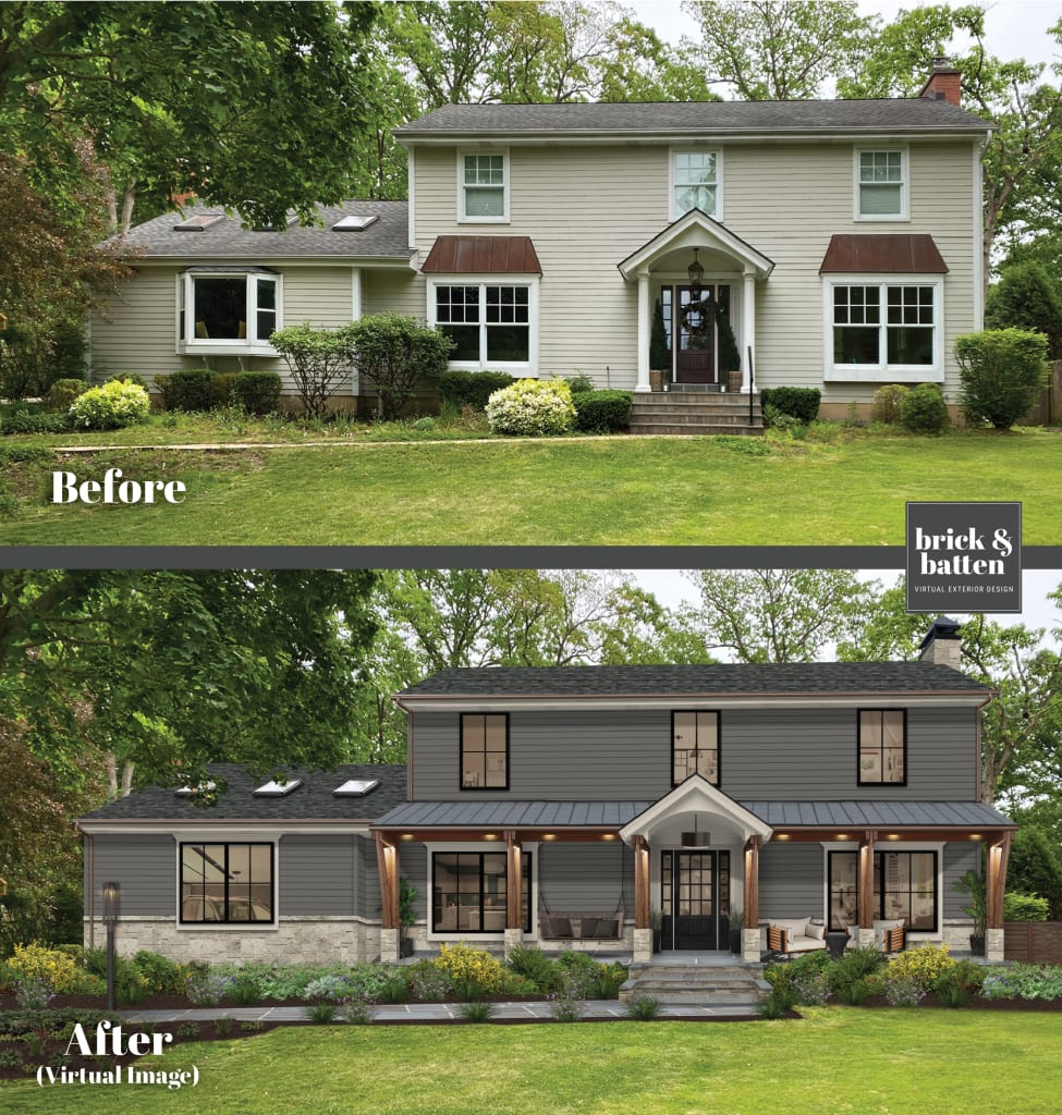 traditional two story painted in kendall charcoal with large porch